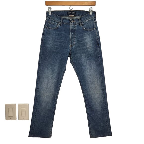 Peruvian Connection Slim Straight Jeans 2 Blue Mid Rise‎ Buttonfly Hemmed - Picture 1 of 11